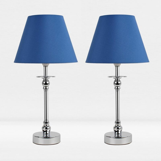 First Choice Lighting - Set of 2 Chrome Plated Bedside Table Light with Ball Detail Column Blue Fabric Shade - Polished chrome plate and textured