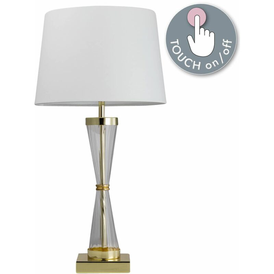 Gold Plated Table Touch Light with White Cotton Fabric Shade - Polished gold plate with clear glass detail and white cotton
