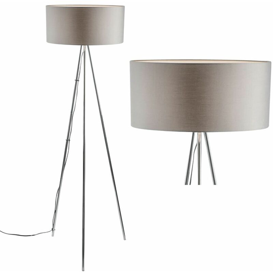 Chrome Tripod Floor Lamp with Grey Fabric Shade - Polished chrome plate and grey cotton