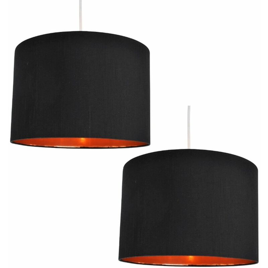 Pair of Black Faux Silk 30cm Drum Light Shade with Copper Inner - Black faux silk with copper inner detail