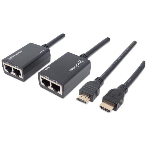 Manhattan 1080p HDMI over Ethernet Extender with Integrated Cables Distances up to 30m with 2x Cat5e or Cat6 Ethernet Cables (not included) Black Three Year Warranty Blister