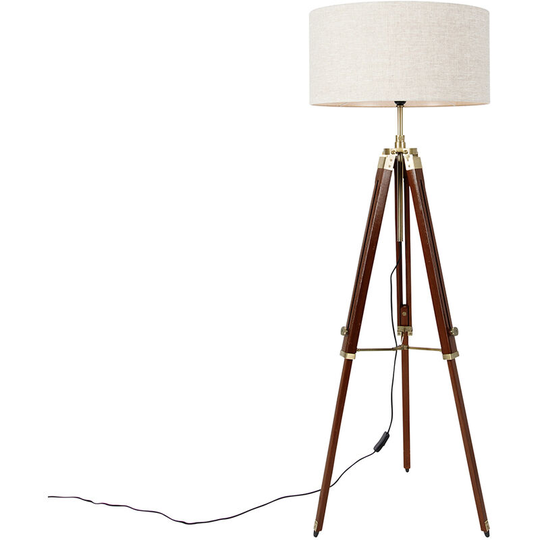 Qazqa - Vloerlamp messing met kap lichtgrijs 50 cm tripod - Cortin - Brown