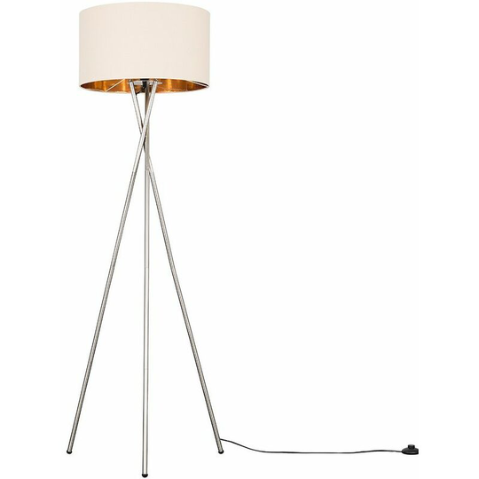 Floor Lamp Tripod Camden Light in Brushed Chrome with Cylinder Lampshade - Fawn & Gold + led Bulb