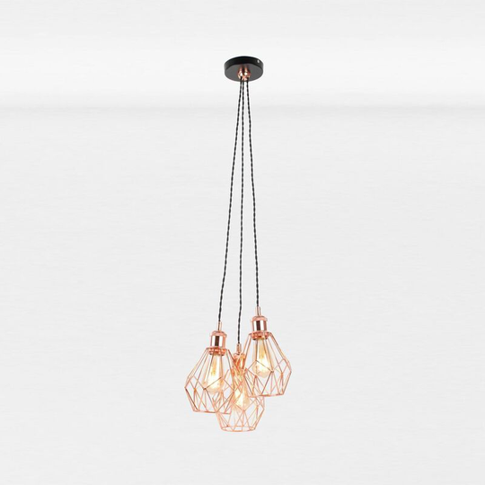Matt Black & Copper Geometric 3 Light Cluster Pendant - Matt black and polished copper plate