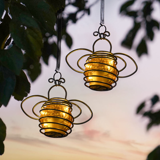 Novelty Hanging led Bee Lights 2 Pack Solar Power | Outdoor Garden Lantern Patio Decoration - Yellow