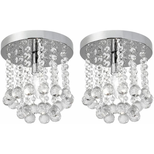 First Choice Lighting - Set of 2 Sicily - 20cm Crystal Flush E14 Ceiling Lights - Polished chrome plate with crystal effect glass detail