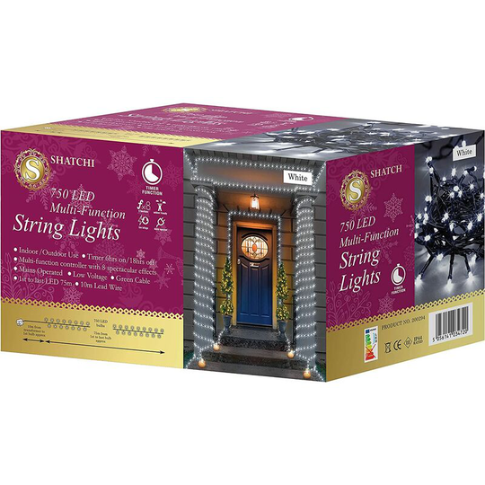 Shatchi - 750 Cool White LEDs Multifunction Timer Outdoor String Fairy Lights 75M - White