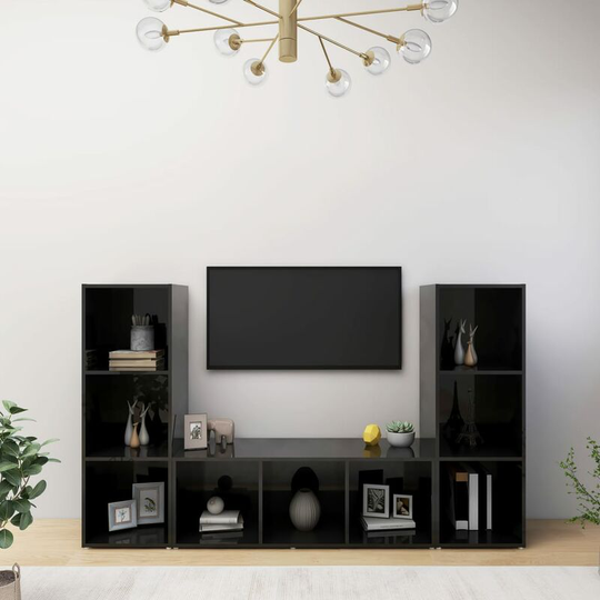 Topdeal - tv Cabinets 3 pcs High Gloss Black 107x35x37 cm Chipboard FF3079968_UK