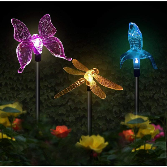 Aougo - 3 Pack Multicolor Changing led Solar Garden Lights in Butterfly, Hummingbird, Dragonfly Shapes for Party Decoration, Lawn, Yard, Pathway