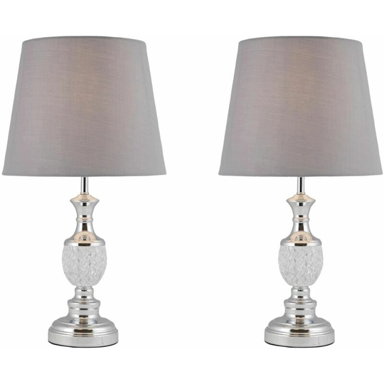 First Choice Lighting - Pair of Moulded Glass Detail Table Lamp with Grey Shades - Polished chrome plate with crystal effect glass detail and grey