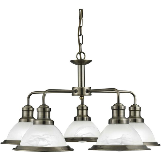 Searchlight Bistro - 5 Light Multi Arm Ceiling Pendant Antique Brass, Acid Glass, E27