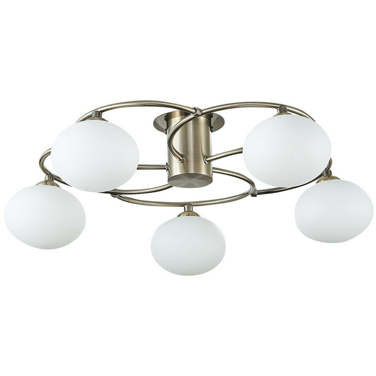 Spring Contemporary Multi Arm Semi Flush Ceiling 5 Light Antique Brass, Glass