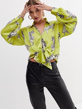 New Look Light Green Tiger Print Satin Tie Front Shirt, Light Green, Size 16, Women
