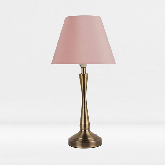 First Choice Lighting - Antique Brass Plated Bedside Table Light with Curved Column Blush Pink Fabric Shade - Antique brass plate and textured blush