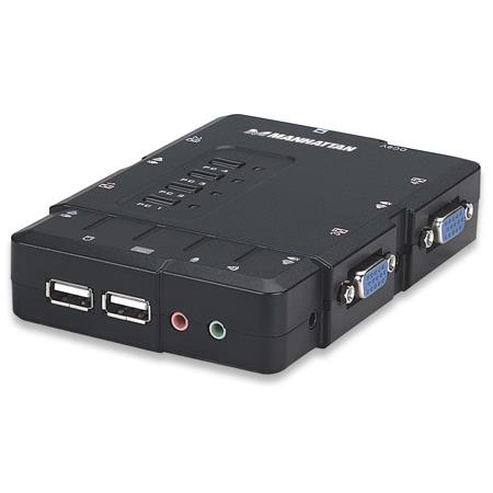 Manhattan KVM Switch Compact 4-Port 4x USB-A Cables included Audio Support Control 4x computers from one pc/mouse/screen Black Lifetime Warranty Boxed