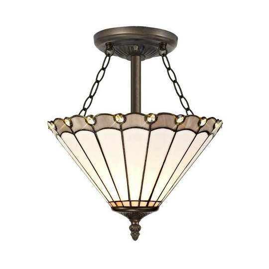 Luminosa Lighting - 3 Light Semi Flush Ceiling E27 With 30cm Tiffany Shade, Grey, Crystal, Aged Antique Brass