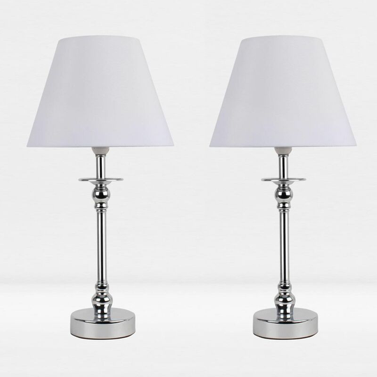 First Choice Lighting - Set of 2 Chrome Plated Bedside Table Light with Ball Detail Column White Fabric Shade - Polished chrome plate and textured
