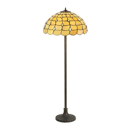 2 Light Stepped Design Floor Lamp E27 With 50cm Tiffany Shade, Beige, Clear Crystal, Aged Antique Brass - Luminosa Lighting