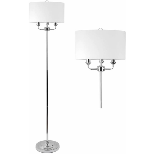 3 Light Chrome Floor Standard Light with Light Cream Fabric Shade - Polished chrome plate and cream cotton