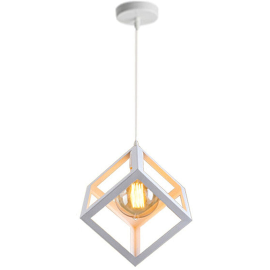 Aougo - E27 Square Pendant Light, Metal Ceiling Light, Iron Cube Shade, Adjustable Rope Light Fixture for Living Room, Dining Room (White)