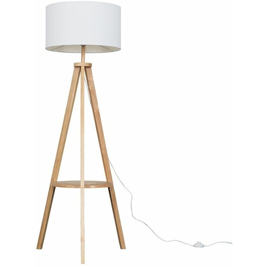 Tripod Shelf Floor Lamp in Light Wood with Large Drum Shade - White