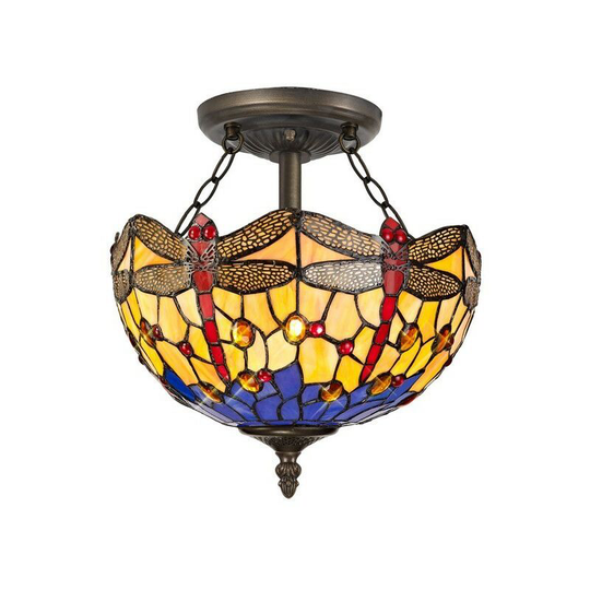 Luminosa Lighting - 2 Light Semi Flush Ceiling E27 With 30cm Tiffany Shade, Blue, Orange, Crystal, Aged Antique Brass
