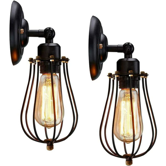 Aougo - Set of 2 Industrial Wall Sconces, Vintage Adjustable Black Metal E27 Wall Sconces Cage Shade, Vintage Pendant Lights Rustic Ceiling Lights