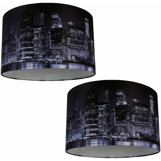First Choice Lighting - Set of 2 Digitally Printed Shade with New York City Skyline 320mm Diameter - Blue manhattan skyline digital print