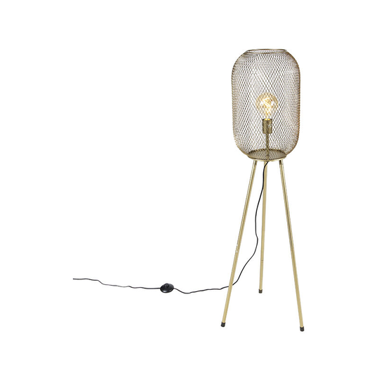 Qazqa - Modern floor lamp tripod brass - Waya Mesh - Gold/Messing