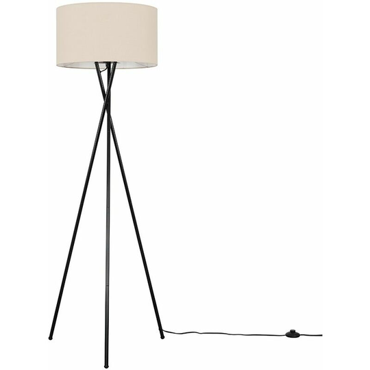 Floor Lamp Tripod Camden Light in Black with Cylinder Lampshade - Beige + led Bulb