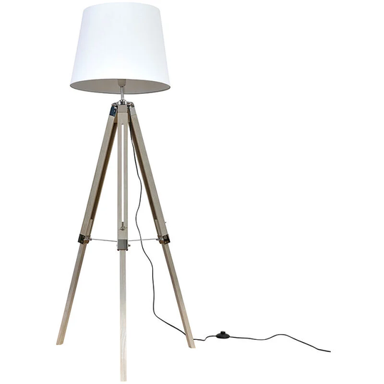 Clipper Tripod Floor Lamp in Light Wood with Large Aspen Shade - White + led Bulb