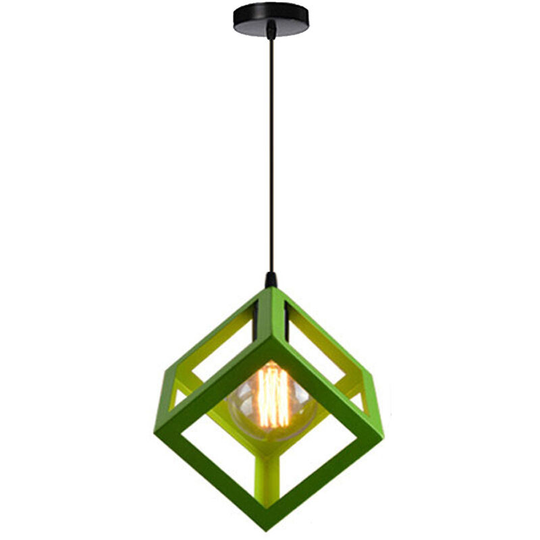 Aougo - E27 Square Pendant Light, Metal Ceiling Light, Wrought Iron Cube Shade, Adjustable Rope Light Fixture for Living Room, Dining Room (Green)