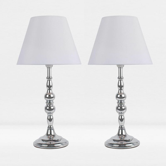 First Choice Lighting - Set of 2 Chrome Plated Bedside Table Light with Detailed Column and White Fabric Shade - Polished chrome plate and textured
