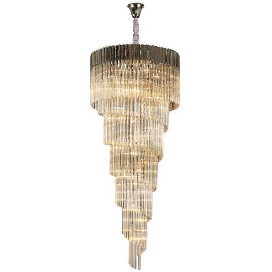 Luminosa Poland Ceiling Pendant Round 7 Tier 31 Light E14, Polished Nickel, Cognac Sculpted Glass