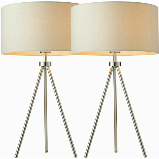 Loops - 2 pack Modern Tripod Table Lamp Chrome & Ivory Shade Slim Leg Bedside Desk Light