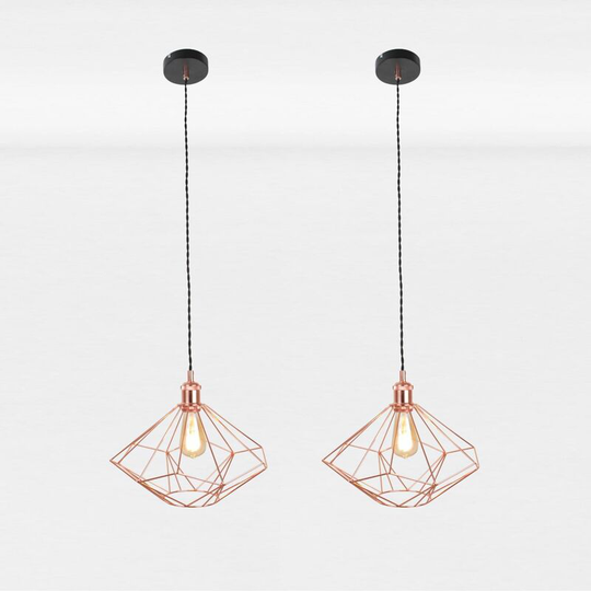 Set of 2 Copper Geometric Pendant Light Fittings - Matt black and polished copper plate