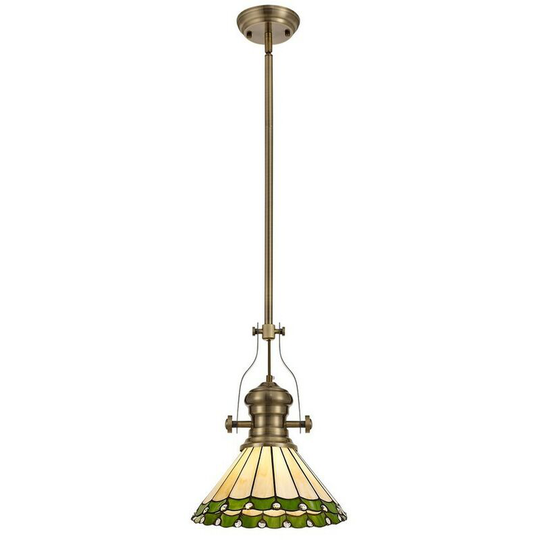 Luminosa Lighting - 1 Light Telescopic Ceiling Pendant E27 With 30cm Tiffany Shade, Antique Brass, Green, Crystal