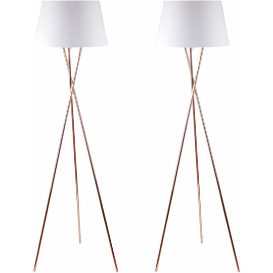 Pair Copper Tripod Floor Lamp with White Fabric Shade - Polished copper plate and white cotton