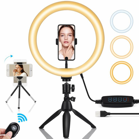 Bearsu - Ring Light with Tripod, 10' led Ring Light Makeup Light 3 Colors Adjustable Brightness for Smartphone Selfie Video Shooting.