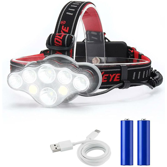 Aougo - Rechargeable Headlamp, Super Lumen 18000, 8 led Light Modes, Powerful Headlamp Hands-free Lamp for Camping, Fishing, Cycling and Hiking, IPX4