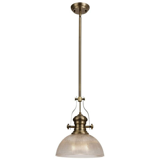 Luminosa Lighting - Telescopic Dome Ceiling Pendant E27 With 30cm Prismatic Glass Shade, Antique Brass, Clear