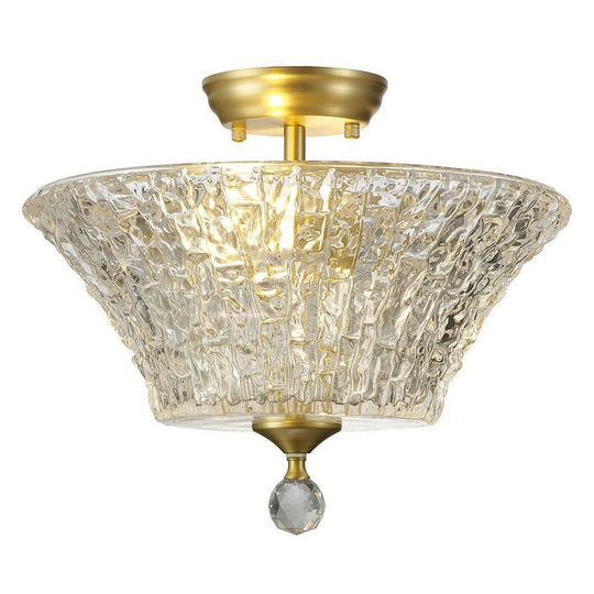 Luminosa Dresden 2 Light Semi Flush Ceiling Lamp E27 With Round 38cm Patterned Glass Shade Satin Gold, Clear