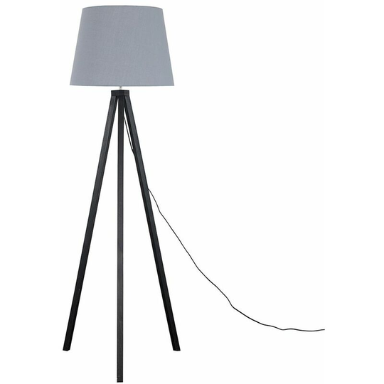 Floor Lamp Modern Wooden Tripod Light in Black with Tapered Shade - Grey + LED Bulb