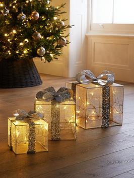 Set Of 3 Light Up Christmas Parcels - White/Silver