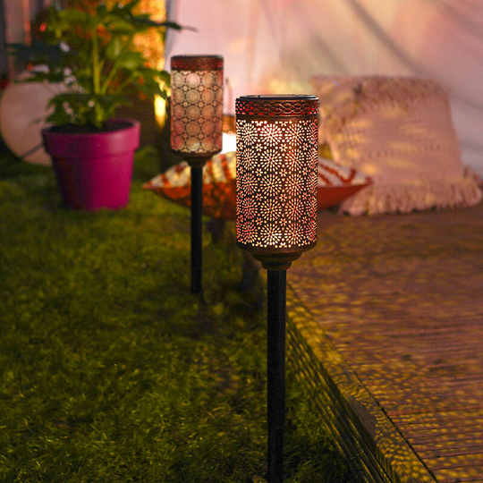 Festive Lights - Antique Brass Moroccan led Stake Light Lanterns 2 Pack 20cm Solar Power | Outdoor Garden Lawn Pathway Patio - Brass
