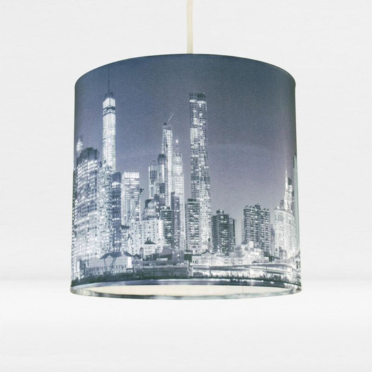 First Choice Lighting - 20cm Lamp Shade Ceiling Light Digital Printed Fabric New York Skyline At Night - Blue manhattan skyline digital print