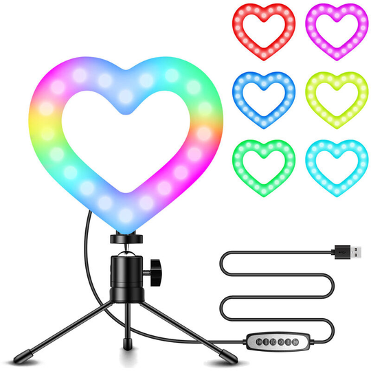 Asupermall - 6 Inch rgb Video Light Heart-Shaped led Fill Light Dimmable usb Powered with Flexible Ballhead Adapter Desktop Tripod for Live Streaming