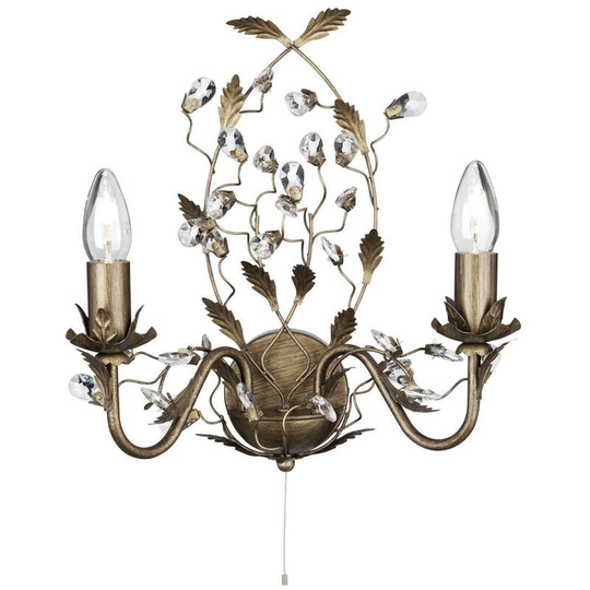 Searchlight Almandite - 2 Light Candle Wall Light Brown Gold with Crystals Floral Leaves Design, E14