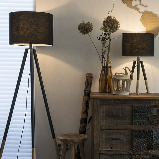 Set of Floor Lamp and Table Lamp Tripods with Black Shade - Pip - Black