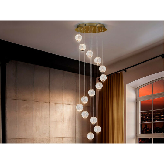 Schuller Lighting - Schuller Austral Modern Cluster Drop 5 Light led Pendant Light, Spherical Carved Crystal Globes, 1264lm, 3200K